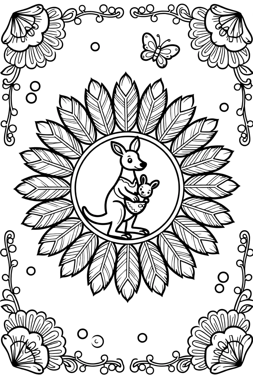 Zoo & Safari Animals: The page centers on a repeating motif of a kangaroo with a joey peeking from its pouch, built around a feather-ring mandala with plumes fanning outward. The motif is repeated in a corner-to-corner border that circles the entire page, leaving a round open area in the middle. Decorative details fill the surrounding space, including clusters of round bubbles, twisting berry-vine garlands, and overlapping scalloped shells woven throughout the background. A playful extra touch completes the page: a pair of small butterflies fluttering near the top of the page.
