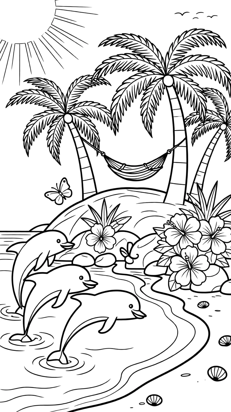[Tropical Islands] A group of friendly dolphins leaps near a rocky island topped with swaying palm trees. Butterflies flutter around hibiscus flowers growing near a cluster of smooth boulders. A rope hammock hangs between two palm trees overlooking a curve of white sand. Golden afternoon sun glimmers across the water near the quiet, sandy cove.