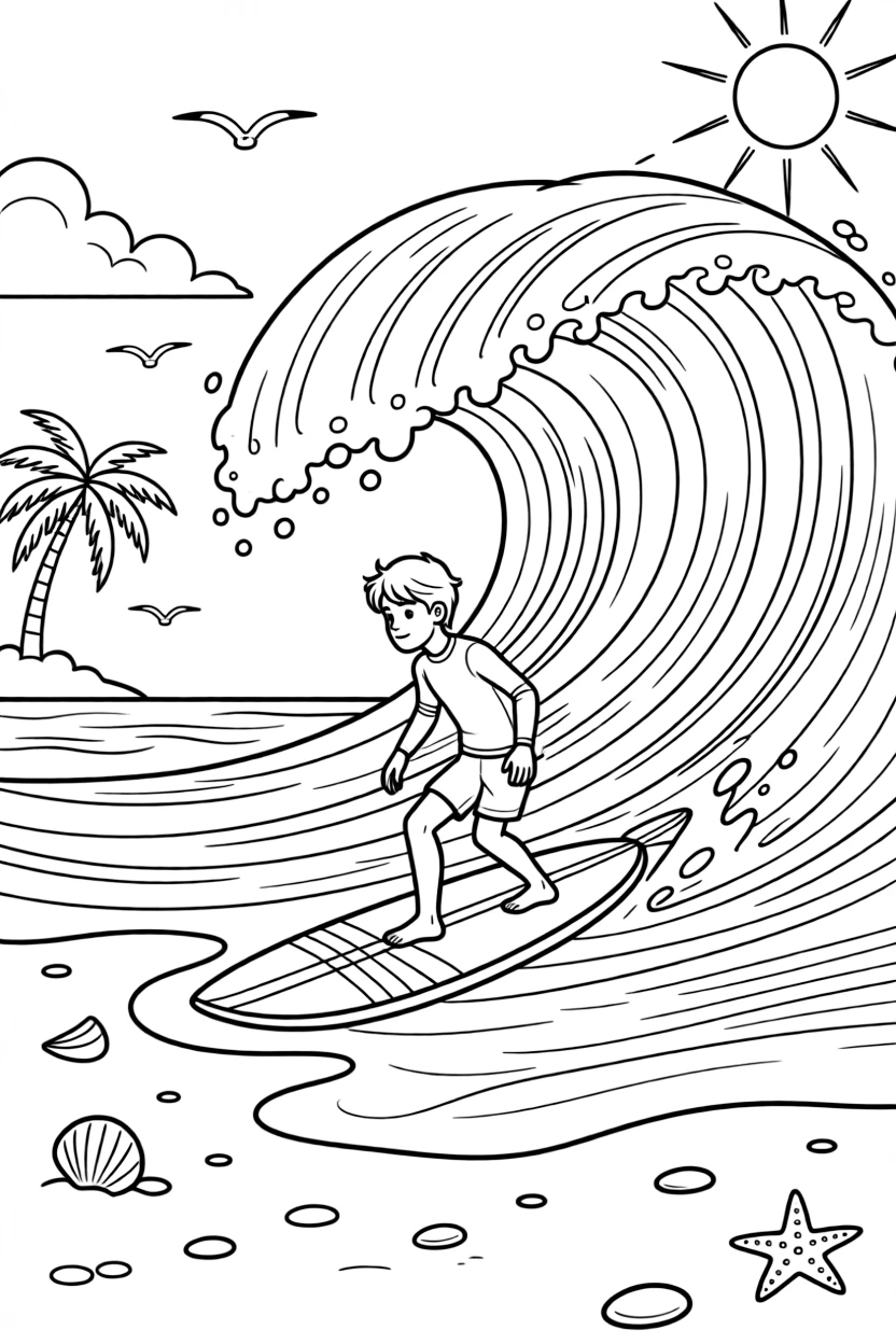 A surfer paddles out to catch a big wave on a sunny beach.