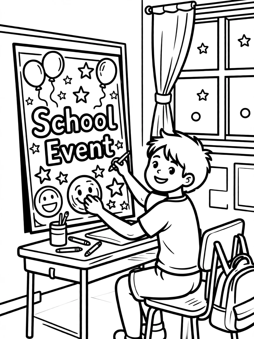 An energetic boy decorating a poster for a school event at an art class with fireflies glowing at dusk.