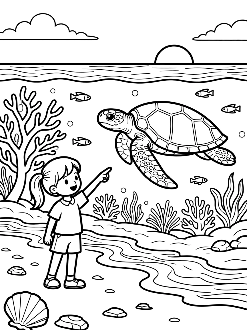 A determined girl with pigtails, pointing excitedly at a sea turtle gliding past a coral reef.