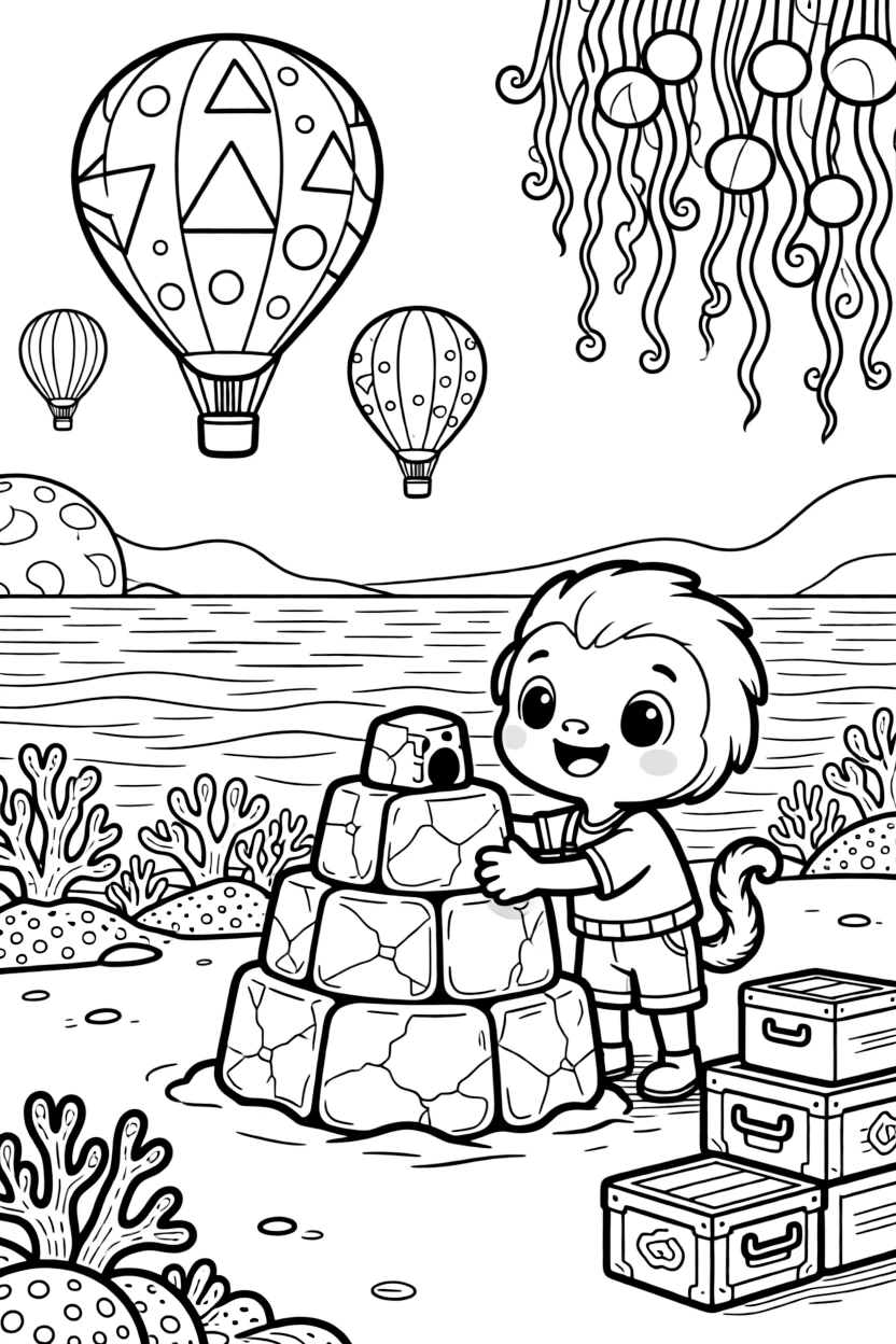 Puffkin, a curious alien creature with a curly tail building a snow fort out of frozen comet ice near a coral-covered ocean planet with floating kelp forests, surrounded by a stack of colorful supply crates and colorful hot-air balloons drifting overhead.