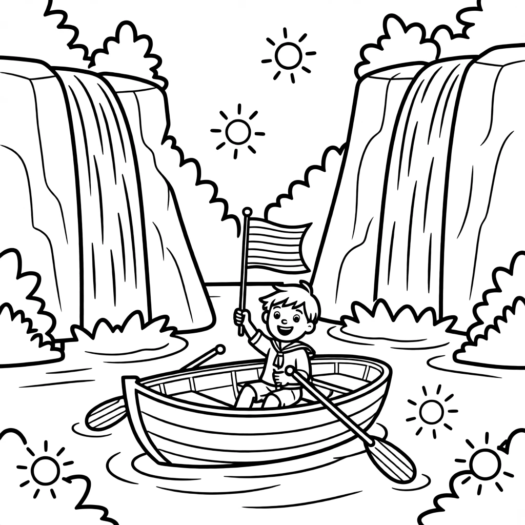 The scene captures a wooden rowboat with oars resting on its sides in the middle of a national park with towering waterfalls and rocky cliffs, with a happy sailor waving a striped flag nearby and a signal light blinking cheerfully sprinkled around for extra fun.