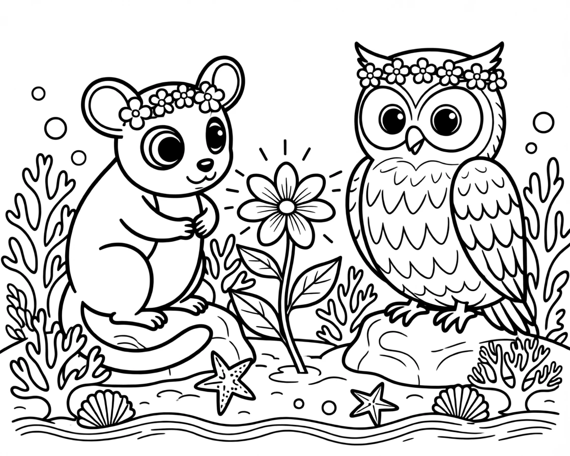 A sugar glider in a coral reef, wearing tiny flower crowns with a wise old owl, next to a magical glowing flower.