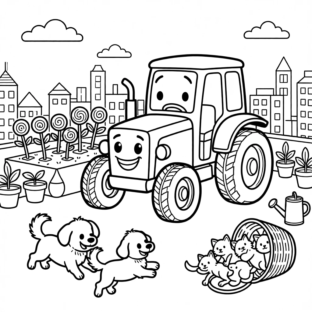 On a rooftop garden overlooking a busy toy-block city, a huggable tractor with a friendly face is busy planting a garden of lollipop flowers, cheered on by three bouncing puppies chasing their tails and a basket of kittens tumbling over each other. Everyone is laughing and having the best time.