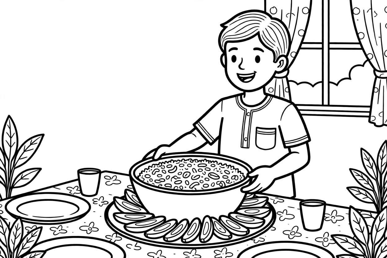 A coloring page showing a delicious spread from Nigeria: a bowl of jollof rice with fried plantains, set out on a table with a friendly family member serving portions.