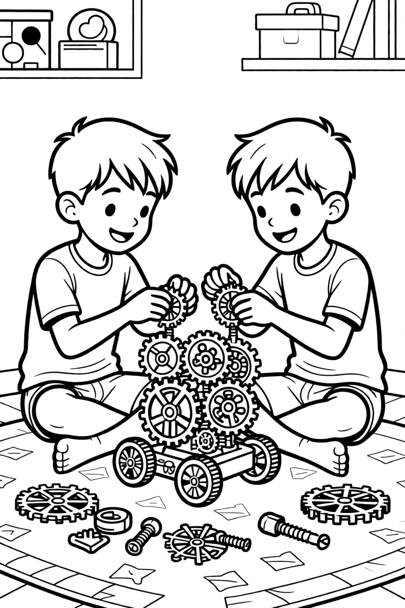 determined twin brothers snap together colorful gears and wheels to build a small rolling robot.