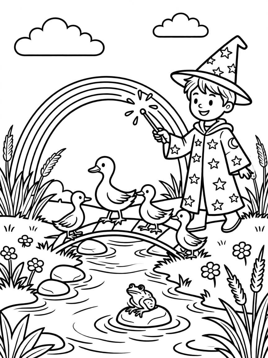 A young wizard conjures a rainbow bridge to help a family of ducks cross a flooded stream.
