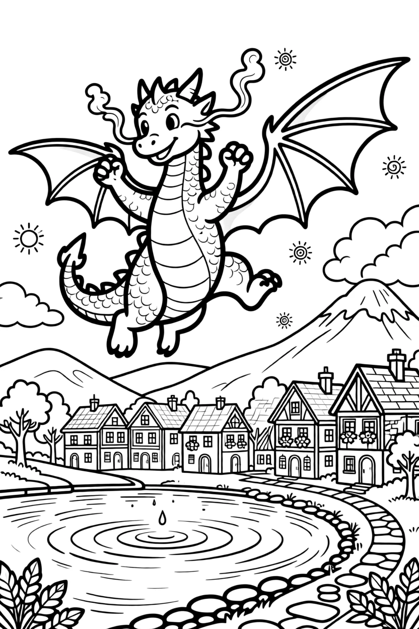 [Dragons] a curious ice dragon gliding over a sparkling lake above a medieval village, cheering with both fists raised, while clouds drift lazily past the mountaintop fills the surrounding area. Wisps of smoke curl gently from its nostrils. Set just after a rainstorm, with fireflies beginning to glow, the page bursts with adventure and imagination.