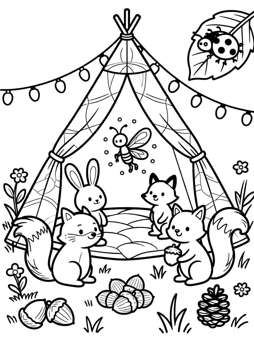 A glowing firefly is singing a cheerful tune with woodland animal friends inside a blanket fort glowing with fairy lights. All around, a curious ladybug resting on a leaf and a cluster of acorns and pinecones scattered about add a playful, cheerful touch.