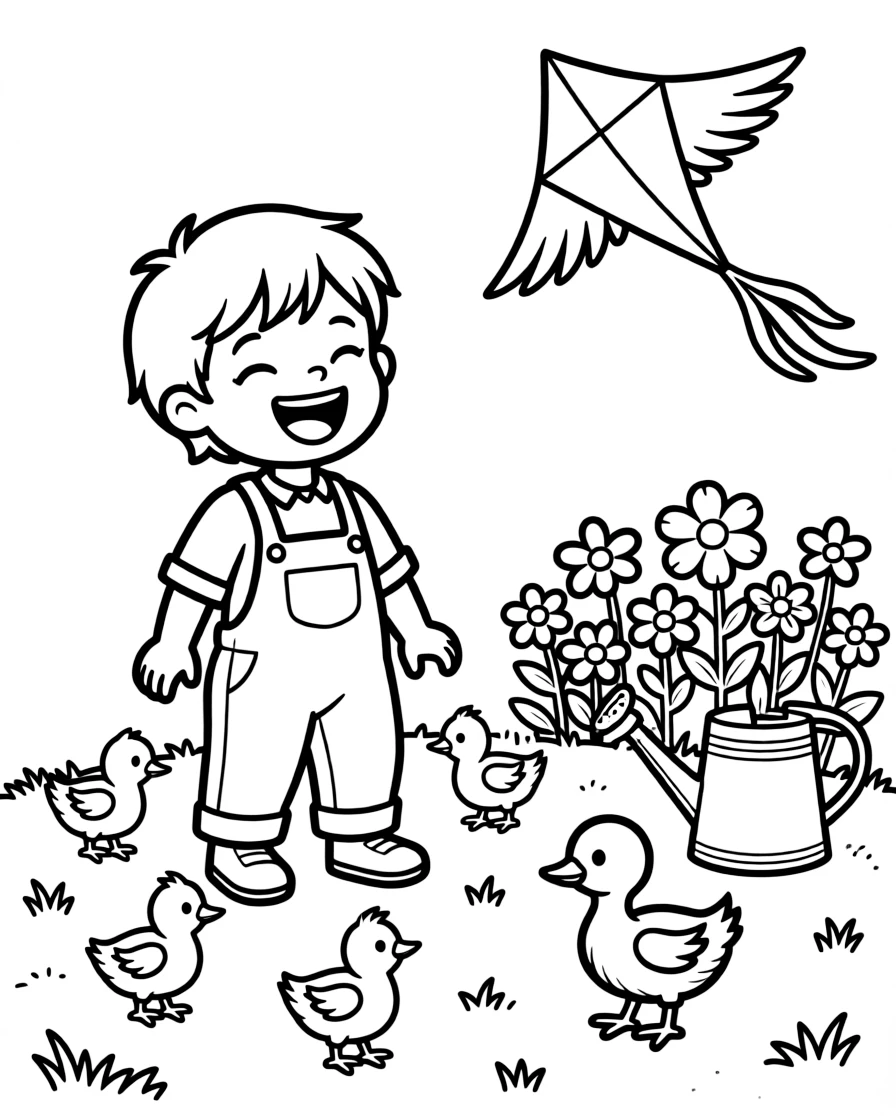 A child laughing after a harmless prank on a farm with newly hatched chicks in the grass, alongside a waddling duckling and a watering can beside a flower bed, with a kite shaped like a bird close by.