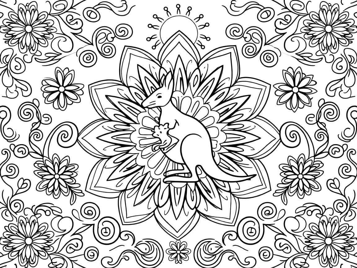 Zoo & Safari Animals: The page presents a small themed scene built around a kangaroo with a joey peeking from its pouch, tied together by a blooming flower-shaped mandala with layered petal rings. The scene is positioned in the middle of a balanced layout, with smaller matching details arranged above and below. Decorative details fill the surrounding space, including layered flower rosettes, swirling vine tendrils, and rows of curling wave shapes woven throughout the background. A playful extra touch completes the page: a friendly round sun peeking in from behind the top edge.