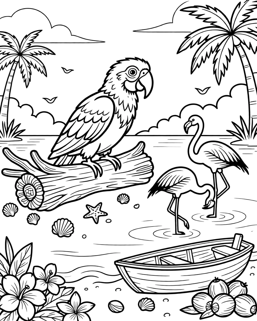 [Tropical Islands] A colorful parrot perches on a driftwood log, surrounded by scattered seashells and starfish. A pair of flamingos wades in a shallow lagoon near the edge of the island. A wooden rowboat rests on the sand beside a pile of coconuts and tropical flowers. Soft morning light glows over the island as birds call from the treetops.