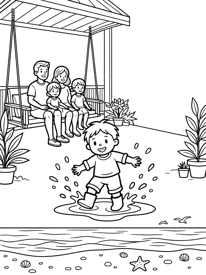 A wobbly toddler splashing in a puddle with a blended family on a porch swing as waves gently lap the shore.