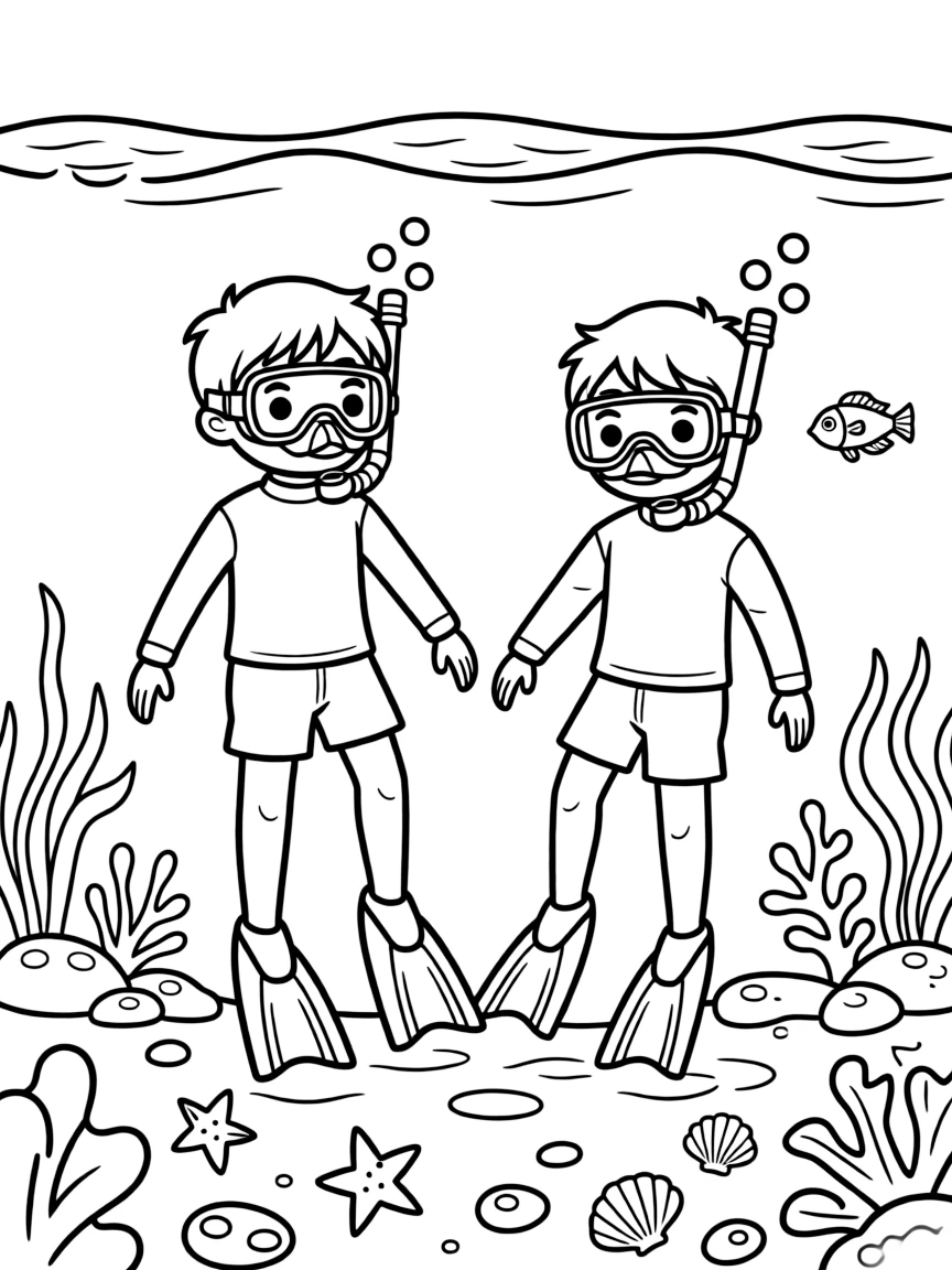 A pair of best friends, wearing fins and a snorkel, kicking gently over a shallow reef.