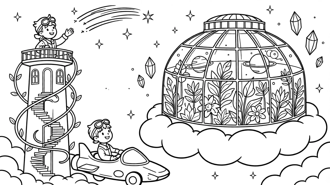 Pilot Glimmer zooming along on a cloud cruiser counting shooting stars from the top of an observation tower near a greenhouse dome growing plants from a dozen different planets, surrounded by a cluster of floating crystals humming softly and a spiral staircase wrapped in glowing vines.