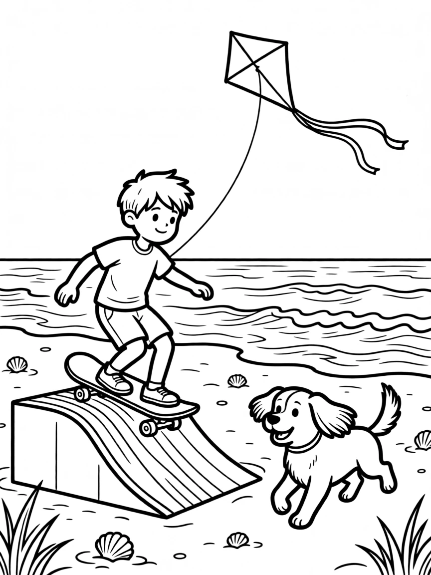 A skateboard doing a trick off a colorful ramp is shown journeying through a sunny sandy beach where waves roll onto the shore, with a friendly dog with its ears flapping in the wind close by and a kite dancing in the breeze above completing the lively scene.