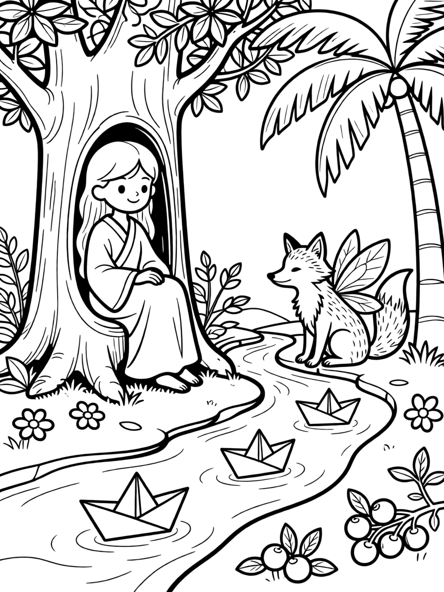 A gentle forest spirit inside a hollow tree trunk, floating paper boats down a stream with a fairy-winged fox, next to a tropical palm tree, with ripe berries scattered on the ground.