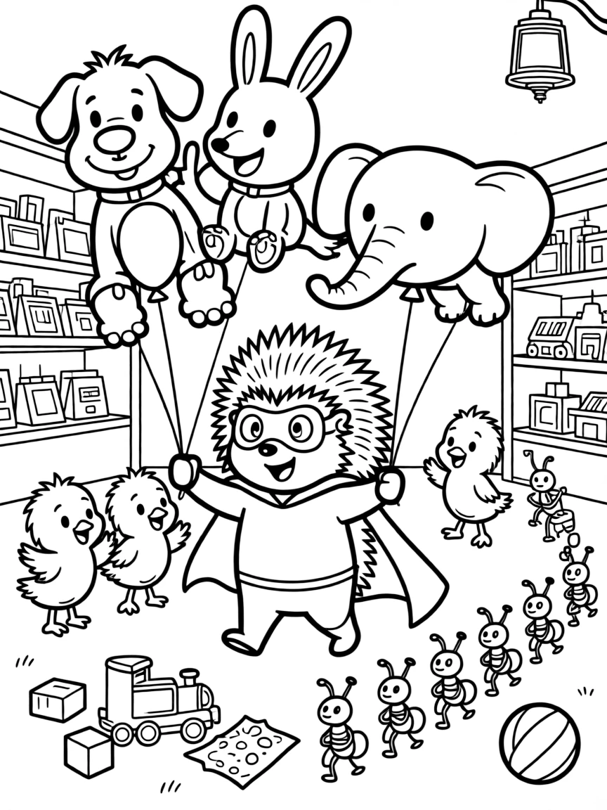 In a toy store after the lights go out, a clumsy superhero hedgehog is busy leading a parade of floating balloon animals, cheered on by a trio of giggling baby chicks and a line of ants carrying a picnic crumb. The whole crew is grinning from ear to ear.