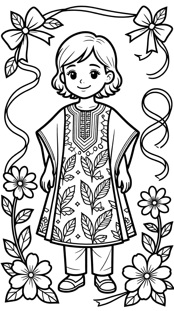 A coloring page from Nigeria showing a child wearing a bright ankara-print dress or agbada robe, posed for a festival photo with flowers and ribbons decorating the background.