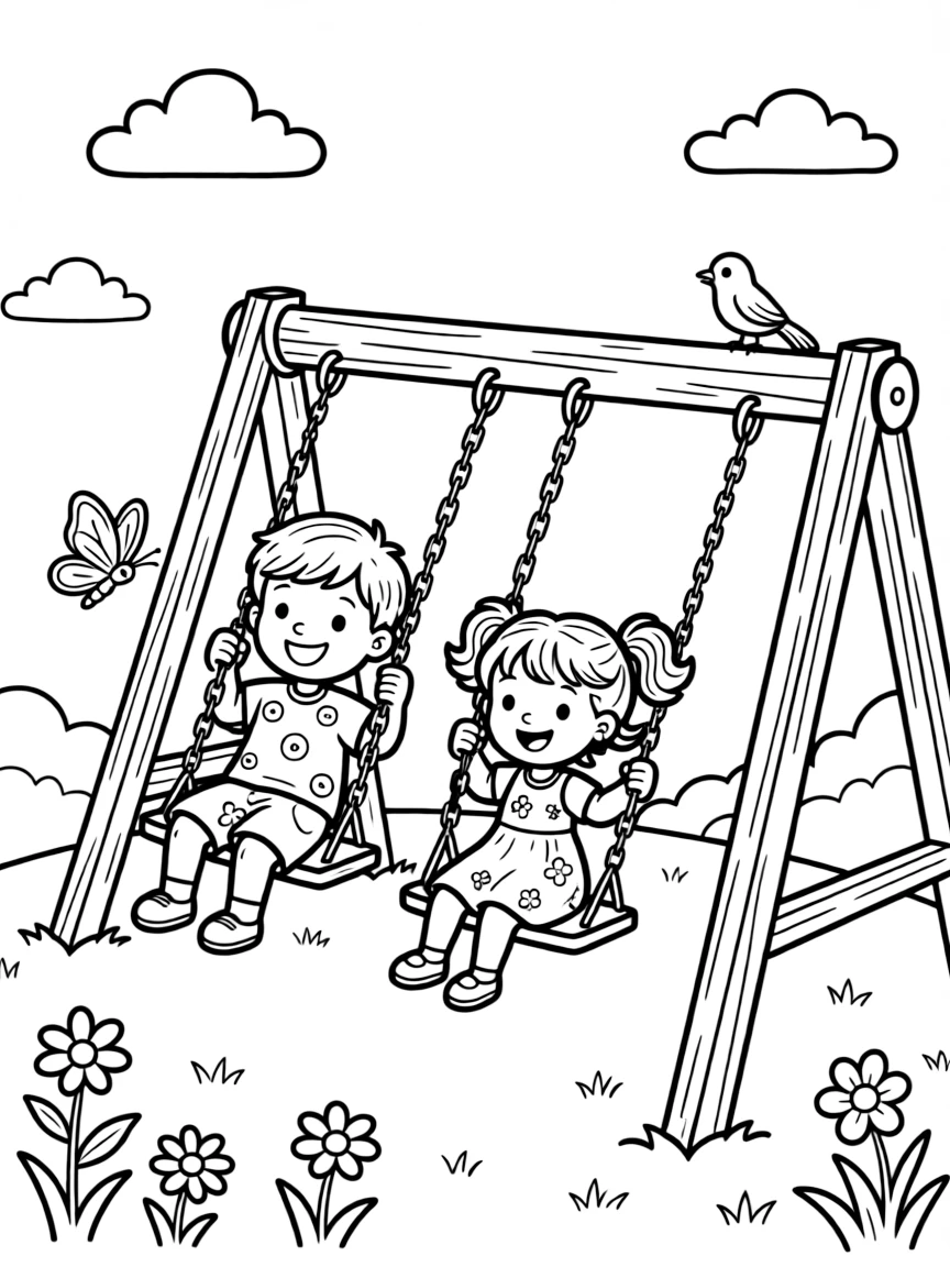 a gentle older brother and his little sister swings high on a playground swing set under a clear blue sky.