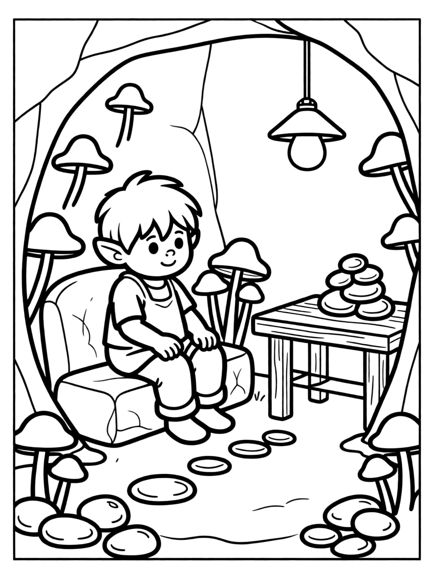 A troll's underground home is surprisingly cozy, decorated with glowing mushrooms and a collection of shiny river stones.
