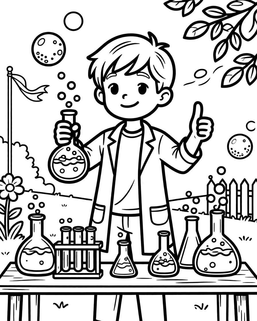 [Science Experiments] a young scientist mixing bubbling liquids watching colorful bubbles fizz over the top in a sunny backyard, giving a confident thumbs-up. Nearby, beakers and test tubes line the table. Bubbles and fizz add fun texture to color. The scene is captured at high noon, with a light breeze blowing, giving the page a lively and adventurous feel that invites plenty of colorful detail.