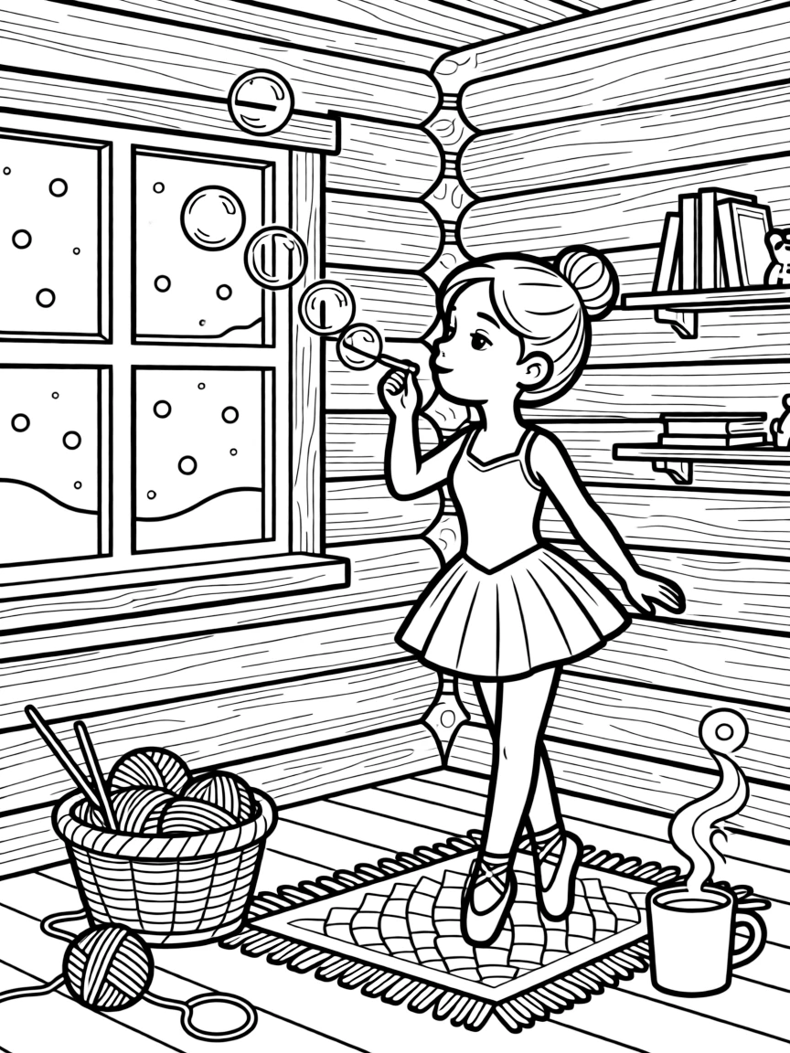 A young ballerina in a satin leotard is blowing a stream of shimmering soap bubbles inside a cozy log cabin during a gentle snowstorm. Close by, a basket of yarn and knitting needles nearby and a curling wisp of steam from a warm mug round out the happy picture.