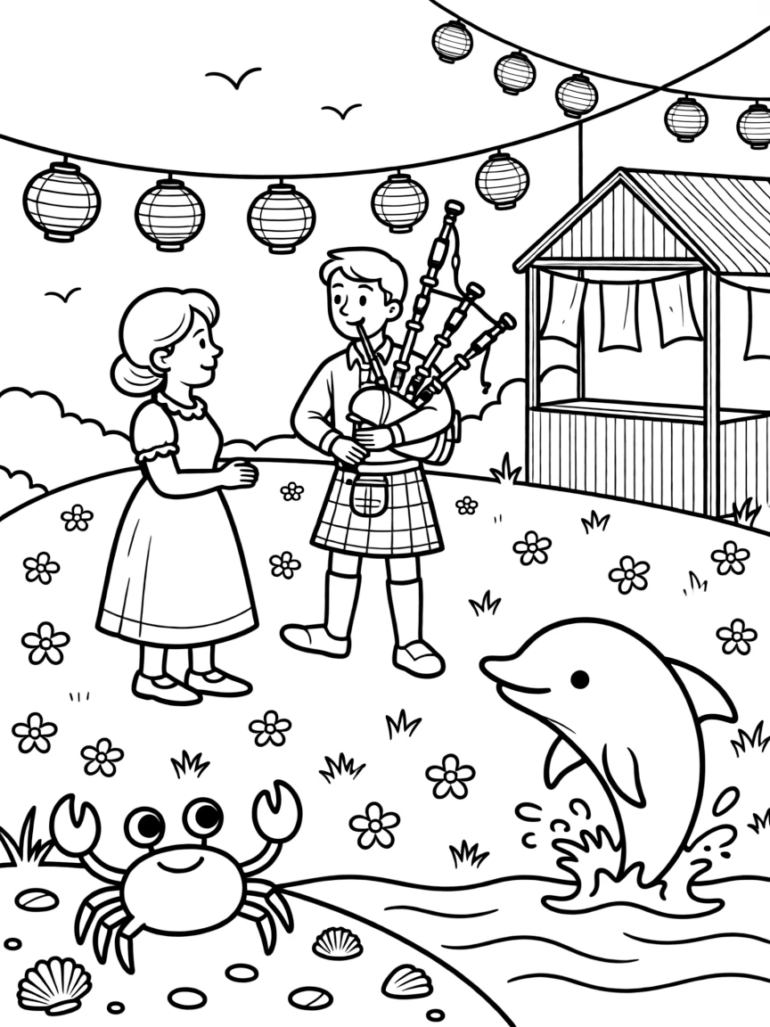 A cheerful grandmother admiring a bagpiper leading a parade across a green field at an outdoor night market strung with paper lanterns, near a friendly crab scuttling in the sand and a friendly dolphin leaping from the waves.