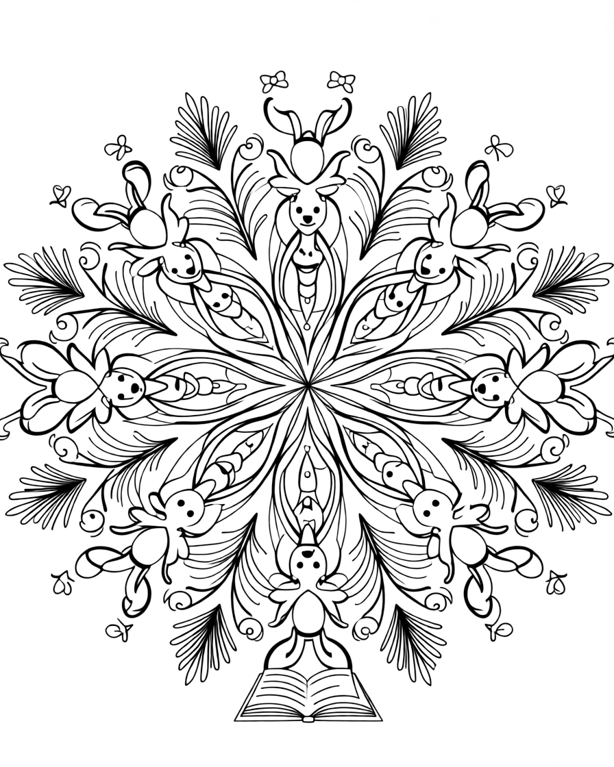 Zoo & Safari Animals: The design turns a kangaroo with a joey peeking from its pouch into a kaleidoscope-style composition anchored by a spiral mandala that winds gently from center to edge. The imagery is multiplied into a circular burst of matching pieces that rotate evenly around the page's center point. Decorative details fill the surrounding space, including loops shaped like small bows, tightly coiled spiral shells, and fan-shaped feather clusters woven throughout the background. A playful extra touch completes the page: a tiny open book resting at the base of the design.