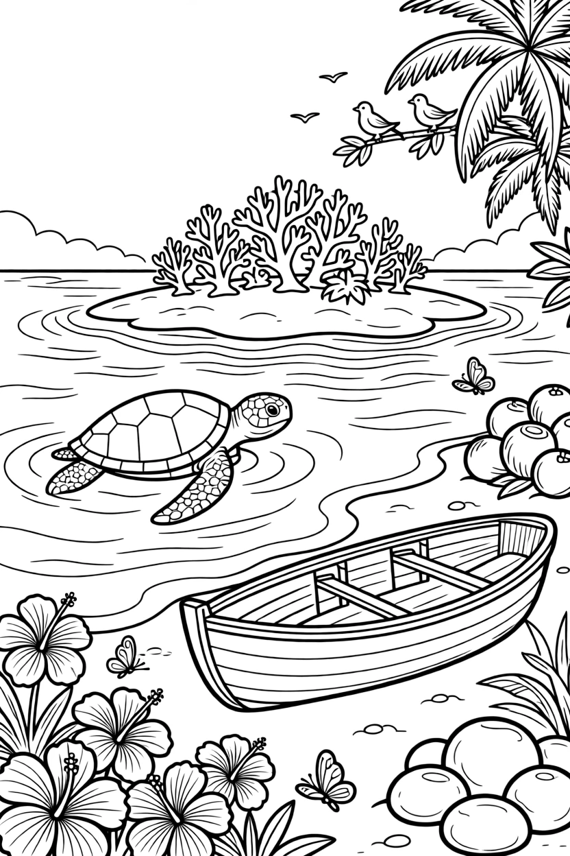 [Tropical Islands] A sea turtle swims lazily near a small island ringed with coral and clear blue water. Butterflies flutter around hibiscus flowers growing near a cluster of smooth boulders. A wooden rowboat rests on the sand beside a pile of coconuts and tropical flowers. Soft morning light glows over the island as birds call from the treetops.
