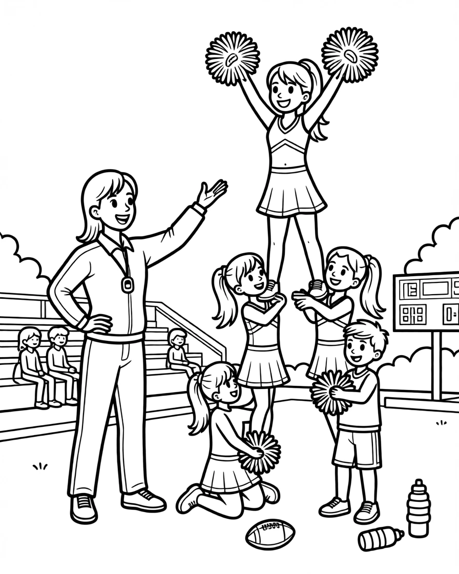 A cheerleading coach leads a squad through a pyramid formation at a game.