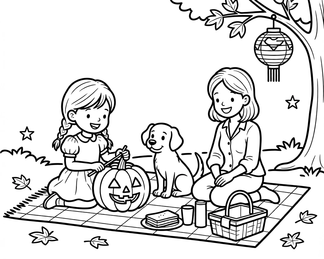A girl with braids carving a jack-o-lantern during a Fourth of July picnic with a single mom as a curious puppy watches.
