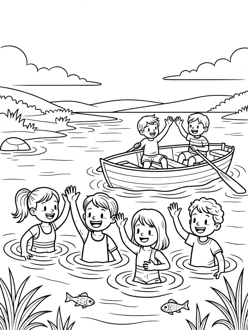 A team of neighborhood kids, surfacing to wave at friends waiting on a nearby boat.