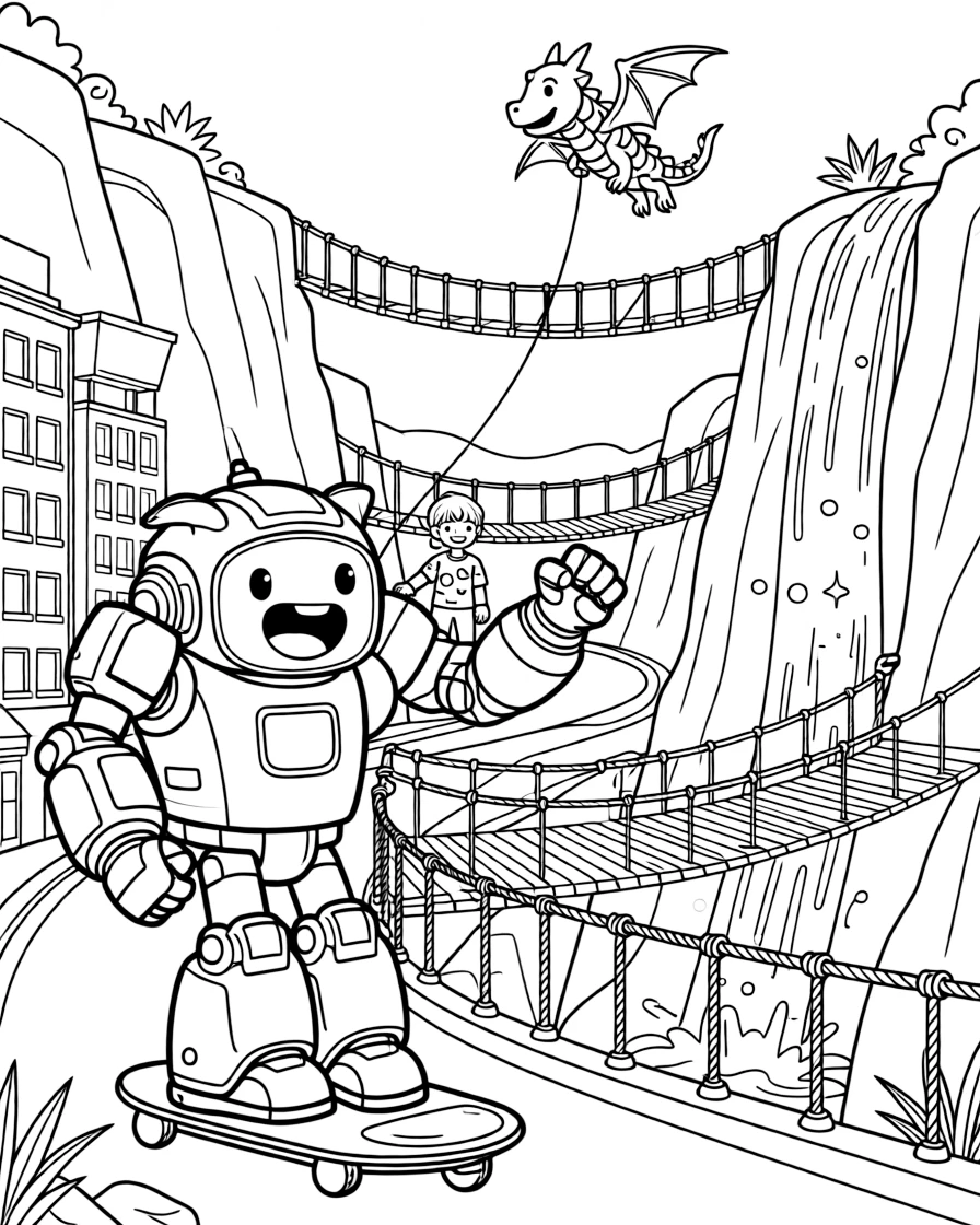 Bleep, a friendly giant robot cheering on friends at a hover-scooter race through the city streets near a canyon planet crisscrossed with ziplines and rope bridges, surrounded by a waterfall of sparkling light cascading down a cliff and a kite shaped like a friendly dragon flying overhead.