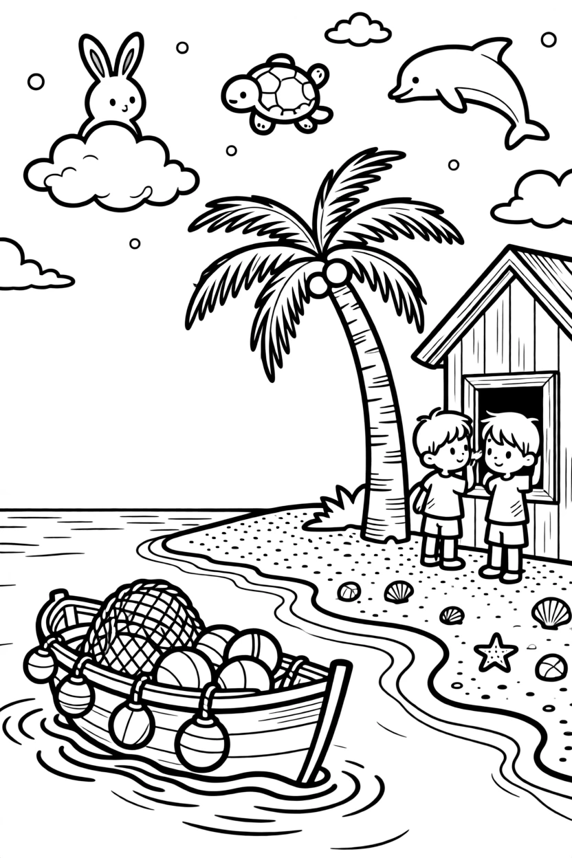 The scene captures a bobbing fishing boat with nets and colorful buoys in the middle of a hidden pirate cove with a sandy beach and palm trees, with twin siblings pressing their faces to the window nearby and fluffy clouds shaped like animals drifting overhead sprinkled around for extra fun.