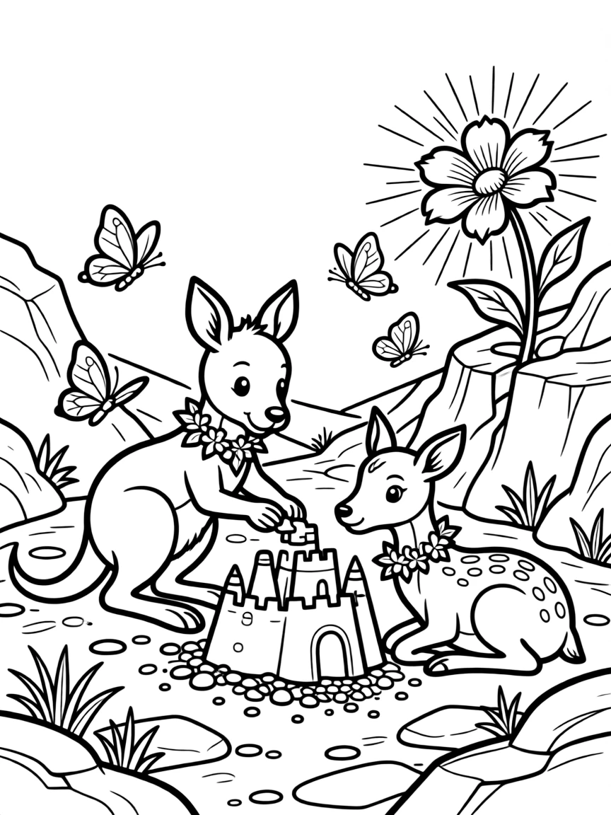 A kangaroo joey on a rocky mountain trail, building a sandcastle beside a deer fawn, next to a magical glowing flower, surrounded by fluttering butterflies.