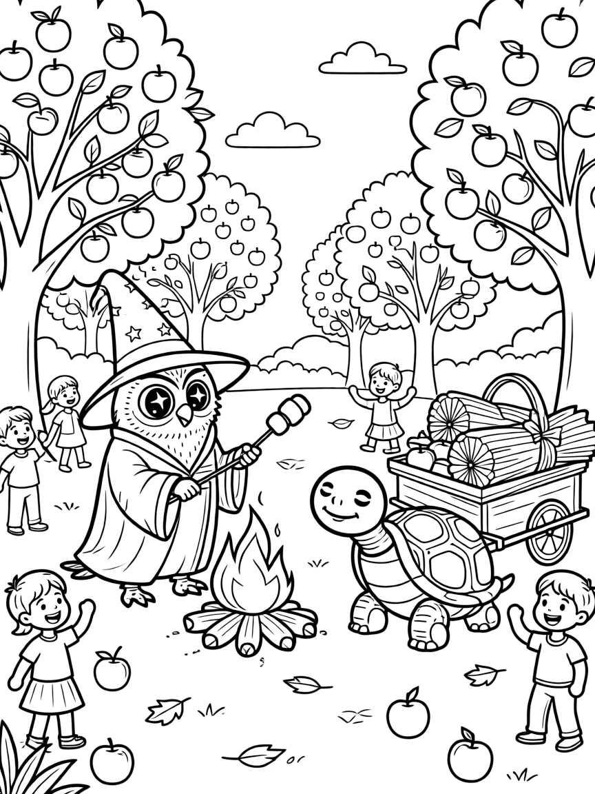 Starry-eyed and full of excitement, a snow owl wizard spends the day roasting marshmallows over a crackling campfire in an apple orchard during harvest festival. Nearby, a cart pulled by a very determined turtle adds to the fun. Everyone is laughing and having the best time.