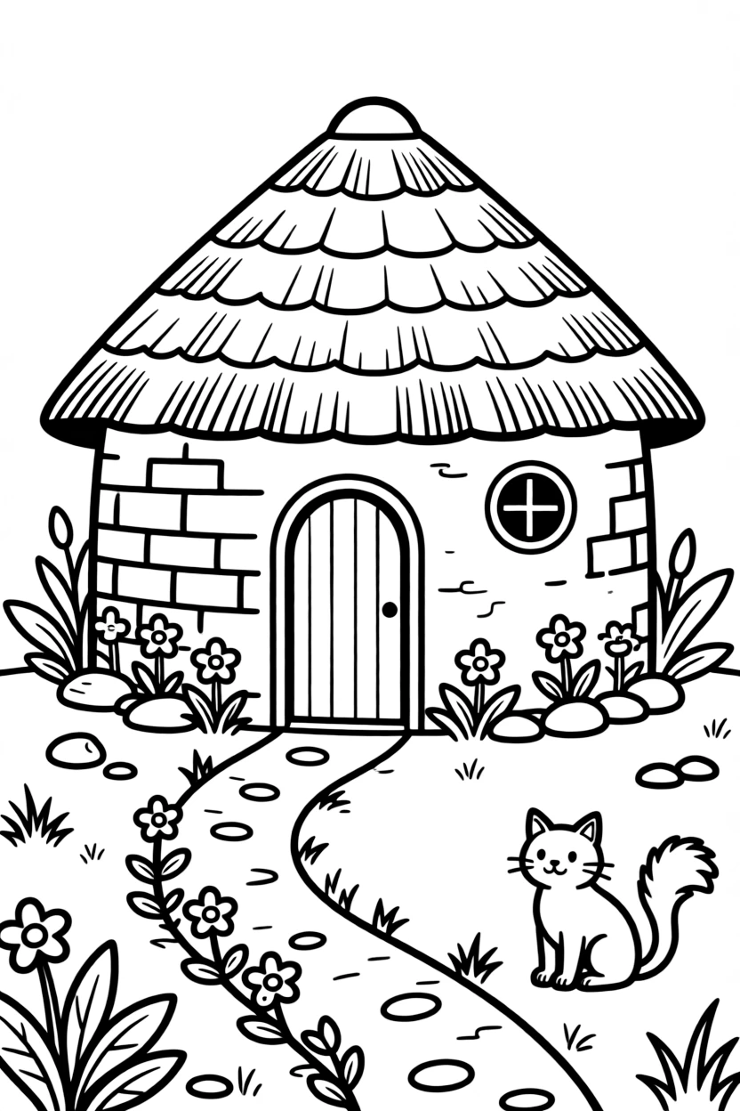A coloring page of a charming home scene in Nigeria showing a round mud house with a thatched conical roof, with a garden path, a small pet, and flowers growing along the walls.