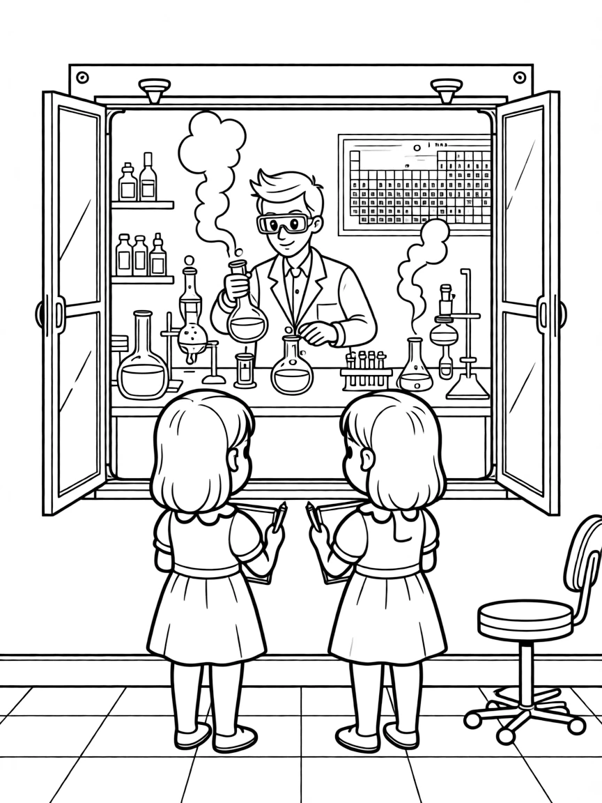 thoughtful twin sisters watch a chemist mix bubbling potions behind a lab display window.