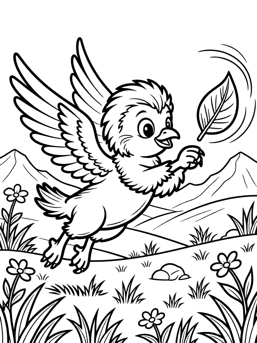 A griffin chick learns to hunt by pouncing playfully on a fluttering leaf in a sunlit mountain meadow.