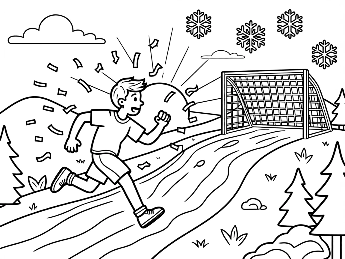 [Sports] A dynamic scene shows a football running back sprinting down the field along a mountain bike trail, gasping in amazement. Close by, confetti flies through the air after a big win. A goal or hoop stands ready in the frame. The moment unfolds at sunrise, with snow gently falling, filled with energetic detail perfect for a young colorist.