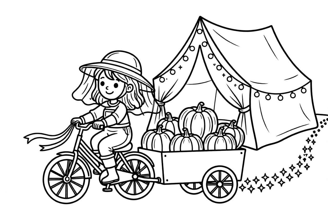 A girl beekeeper in a wide-brimmed veiled hat is riding a bicycle decorated with streamers on the handlebars inside a blanket fort glowing with fairy lights. a wagon piled high with pumpkins and a trail of glittering fairy dust round out the happy picture.