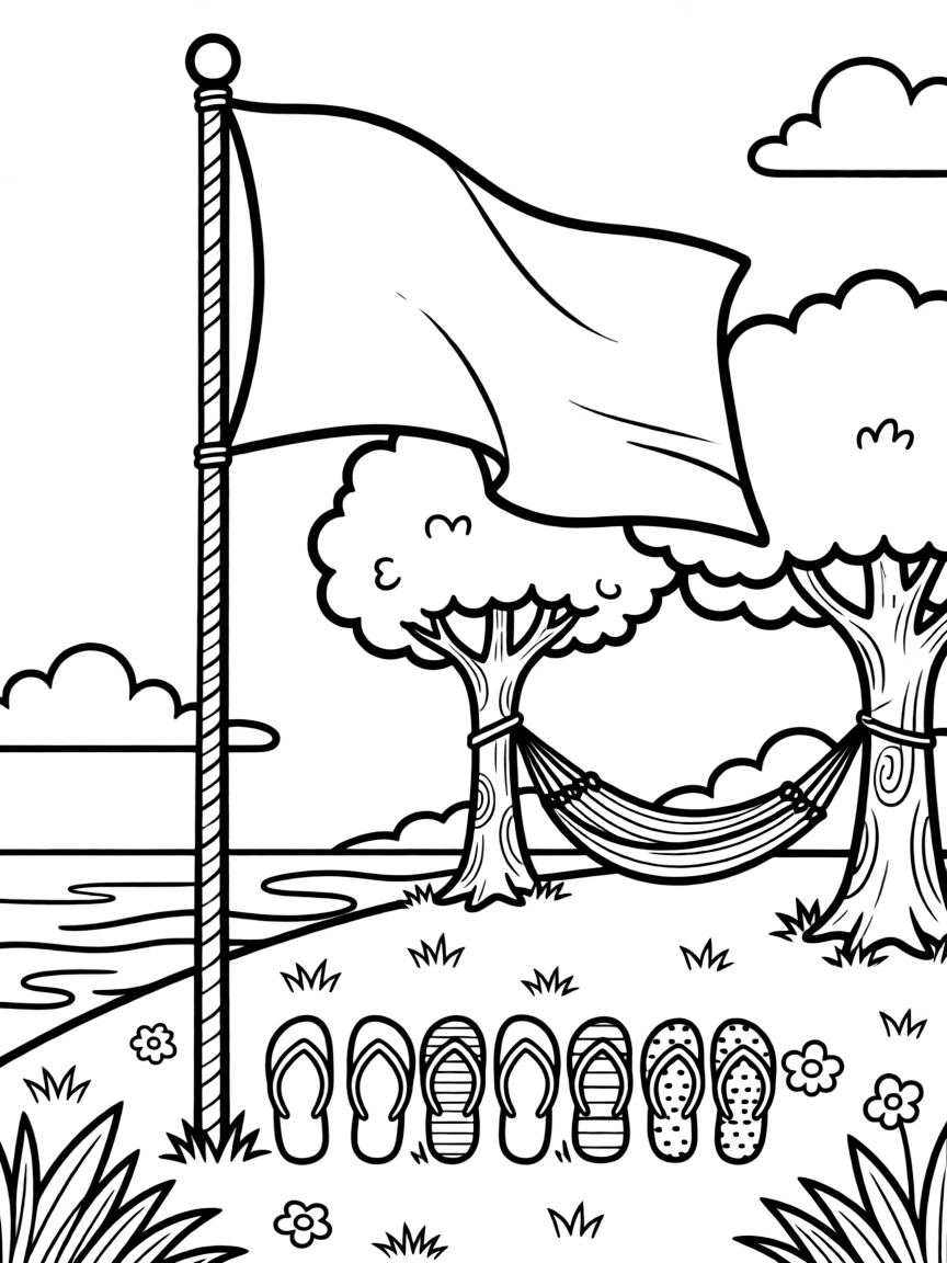 A close-up of a flag fluttering above a coastal gathering on a grassy hill perfect for flying kites, surrounded by a row of colorful flip-flops and a hammock strung between two trees.