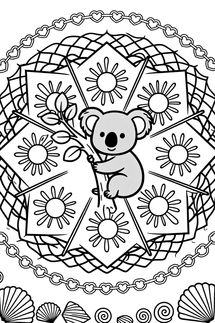 Zoo & Safari Animals: The main subject is a koala hugging a smooth eucalyptus branch, drawn as the focal point of a sunburst mandala with rays spreading evenly outward. It is set at the core of the page, with the pattern unfolding outward in eight matching symmetrical segments. Decorative details fill the surrounding space, including a chain of linked heart shapes, overlapping fish-scale textures, and interlocking circle chains woven throughout the background. A playful extra touch completes the page: a cluster of small seashells scattered along the bottom border.