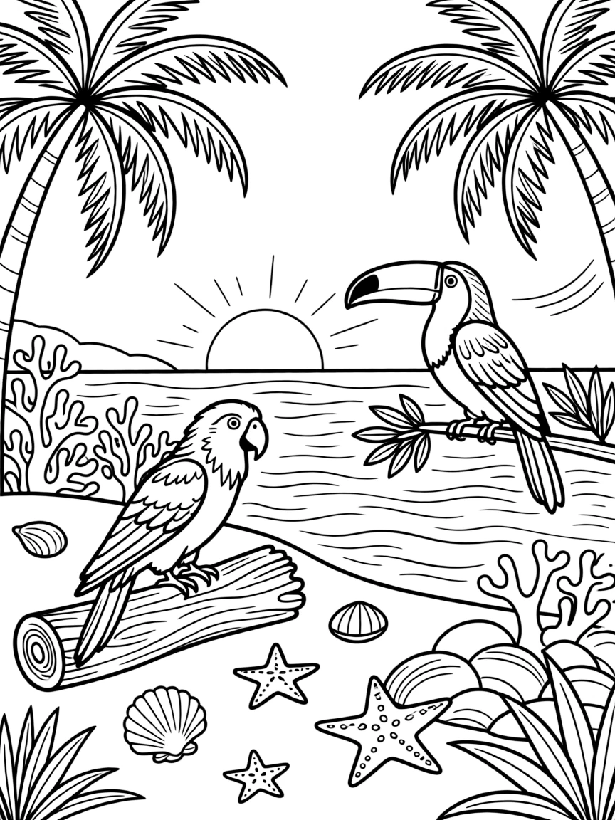 [Tropical Islands] A colorful parrot perches on a driftwood log, surrounded by scattered seashells and starfish. A toucan perches on a low branch overlooking a hidden cove with turquoise water. Coral formations rise beneath the clear water near a cluster of smooth volcanic rocks. A warm breeze rustles the palm fronds as the sun sets in brilliant orange and pink.