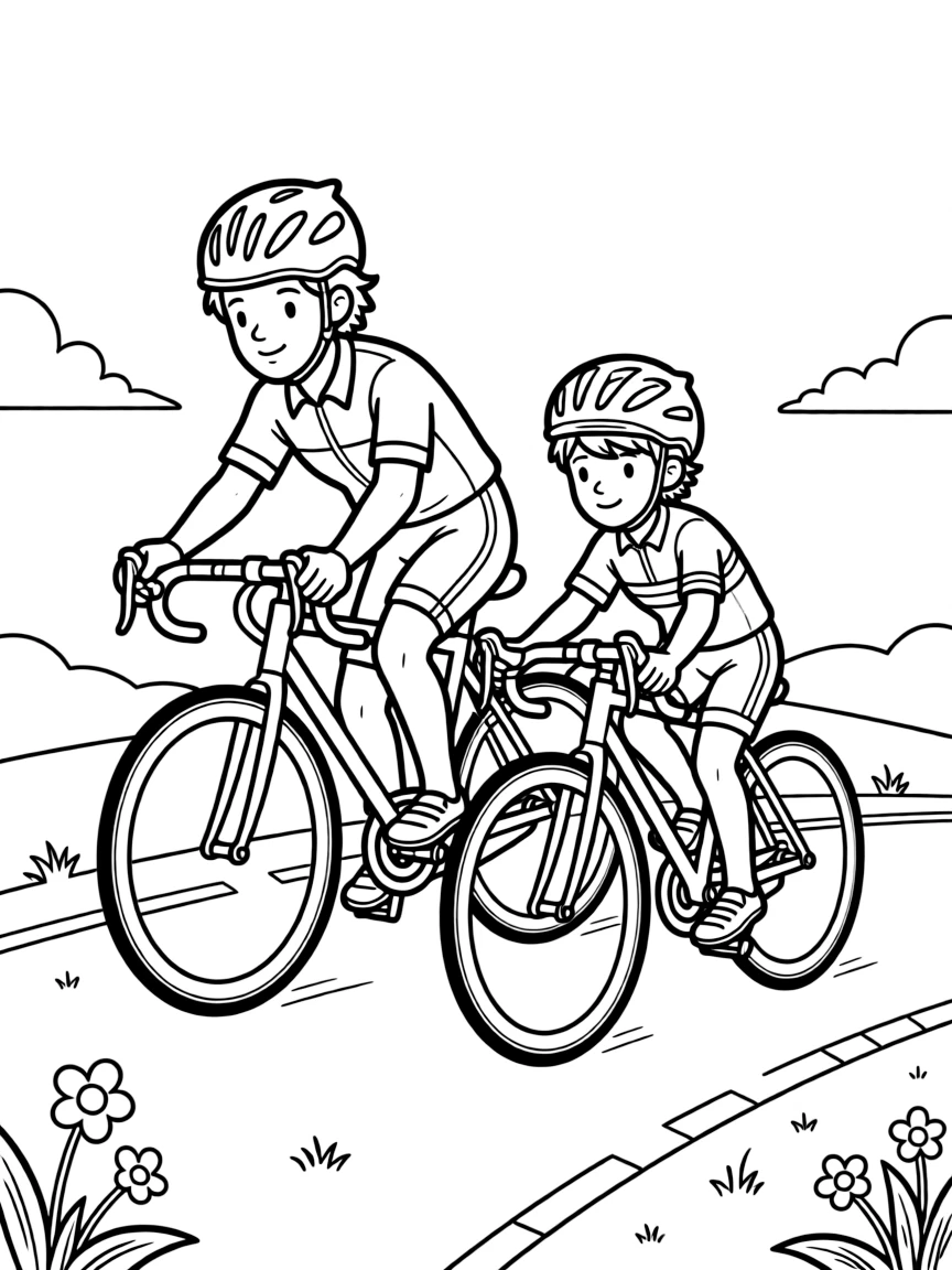A cycling coach rides alongside a young racer pedaling down a track.