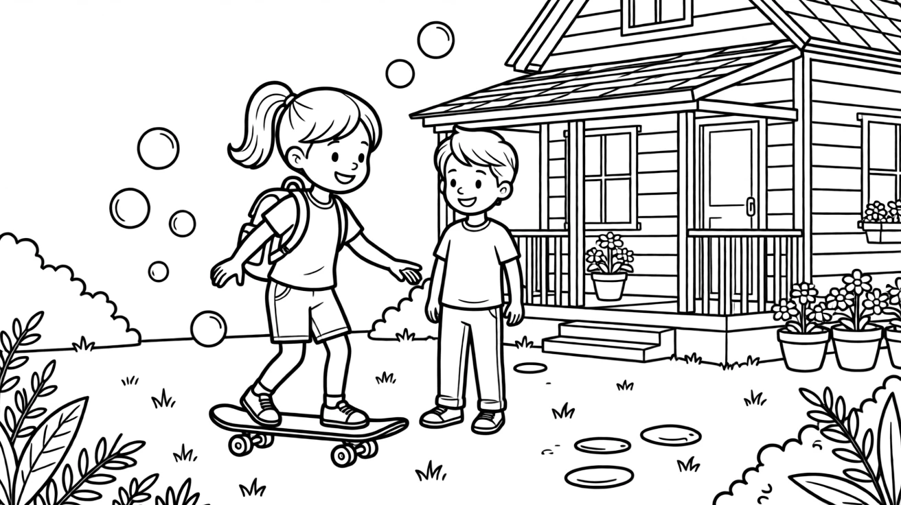 A girl with a backpack learning to skateboard with a neighbor kid at grandparents' farmhouse as soap bubbles float upward.