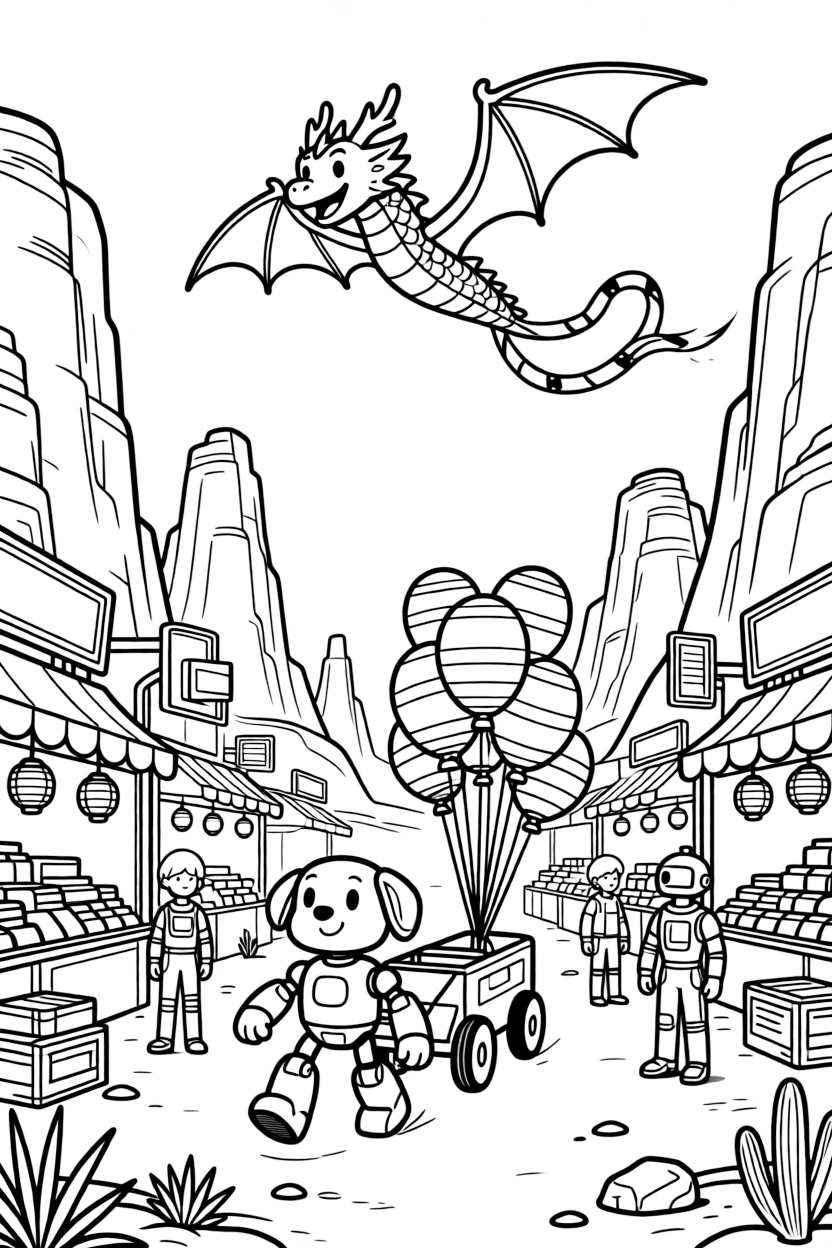 In a red desert planet with towering rock canyons, Dyno, a robot dog guiding a runaway balloon cart through a busy cyber marketplace, while a kite shaped like a friendly dragon flying overhead adds to the excitement.