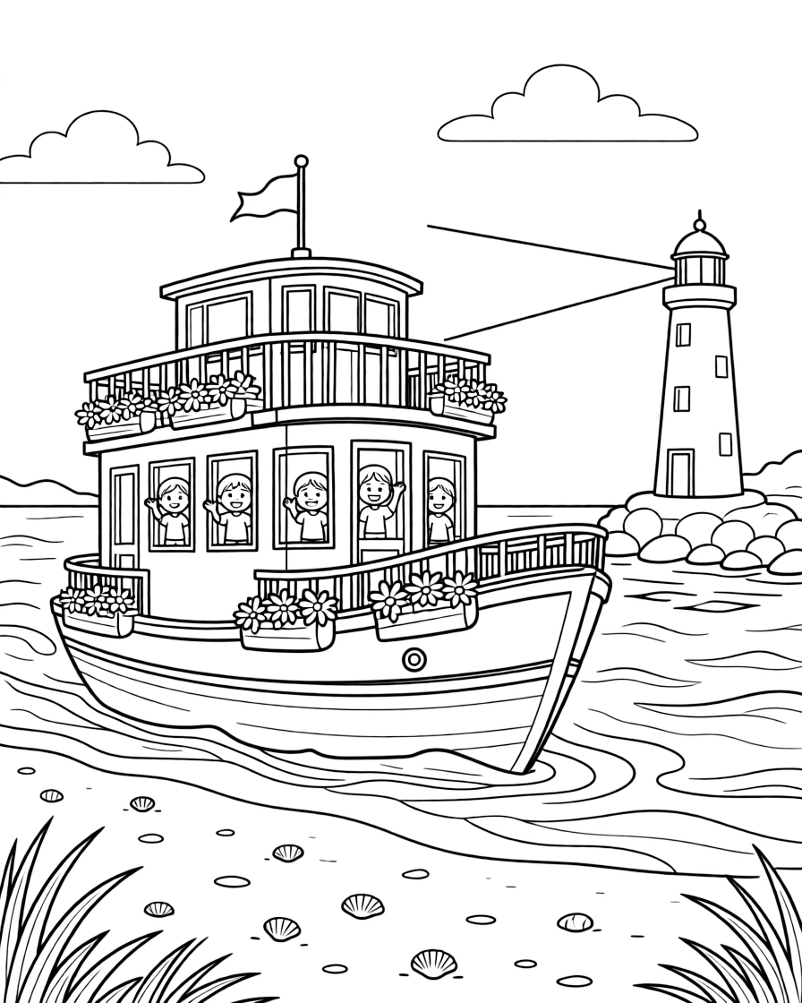 A floating houseboat with flower boxes on the deck takes center stage in a sunny sandy beach where waves roll onto the shore, where a group of cheerful kids waving from the windows can be seen nearby, surrounded by a lighthouse beam sweeping across the water.